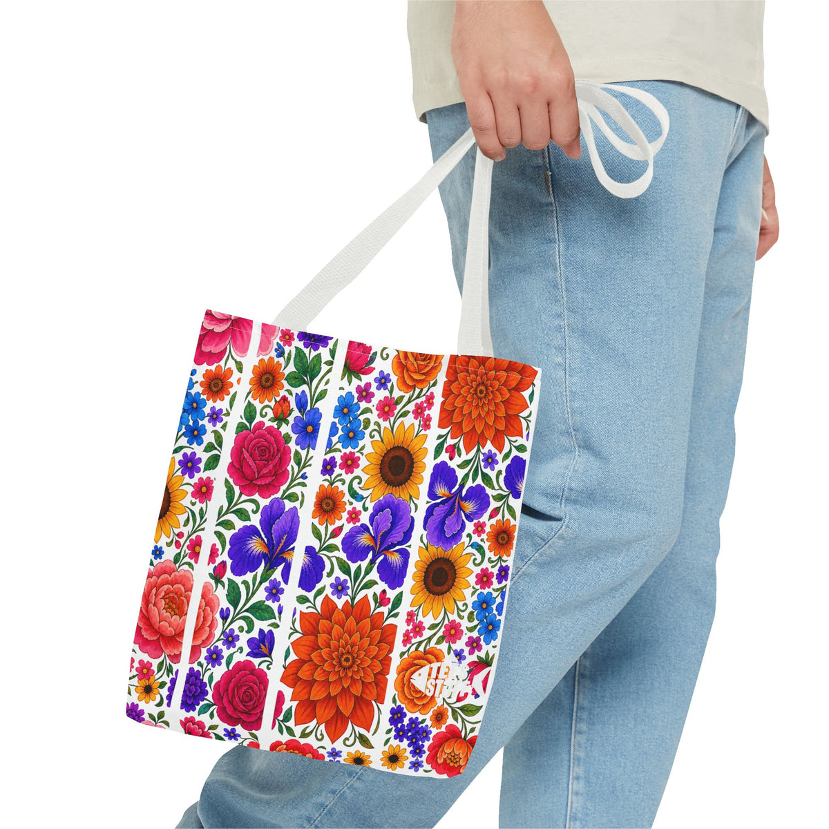 Floral Stripe Tote Bag — Bright Mexican Folk Art Flowers AOP