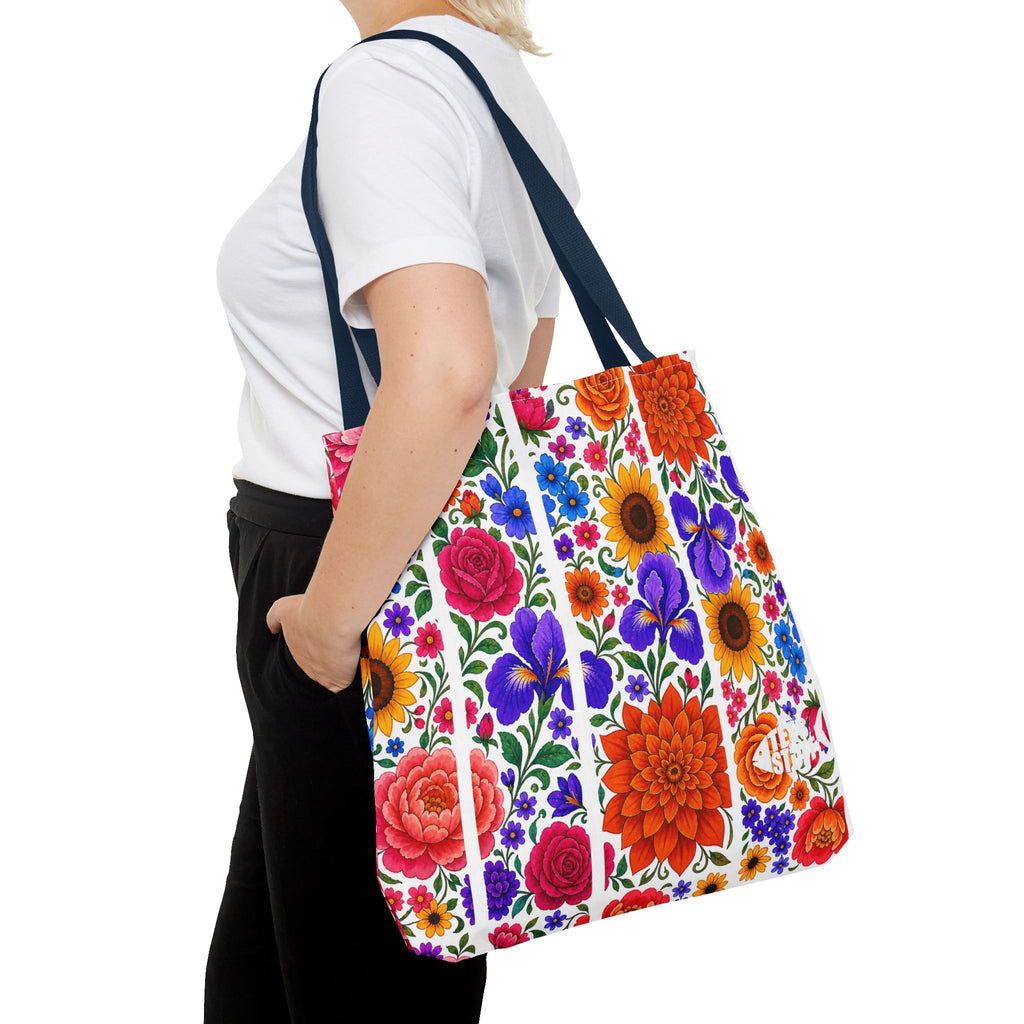Floral Stripe Tote Bag — Bright Mexican Folk Art Flowers AOP