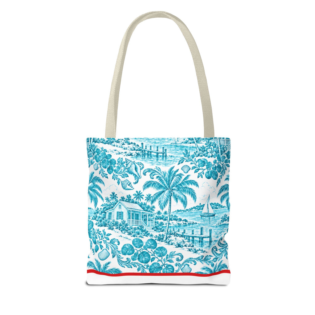 Turquoise coastal Toile Tote Bag- Palm Trees & Island Houses.