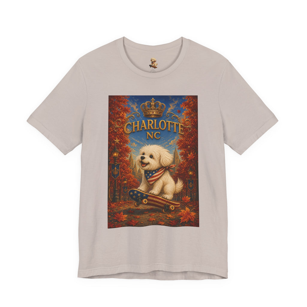 Charlotte NC Dog Tee — Cute Pup on Skateboard Patriotic T‑Shirt