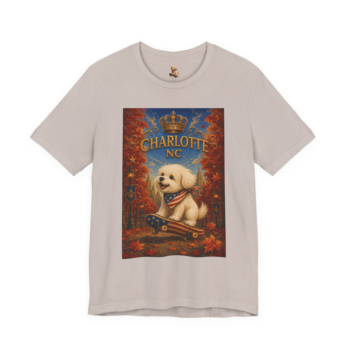 Charlotte NC Dog Tee — Cute Pup on Skateboard Patriotic T‑Shirt