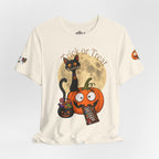 Off White / Back, Front, sleeve design, Halloween T-shirt with a black cat orange pumpkin, full moon trick or treat candy bucket with candy and "Trick or Treat" text.
