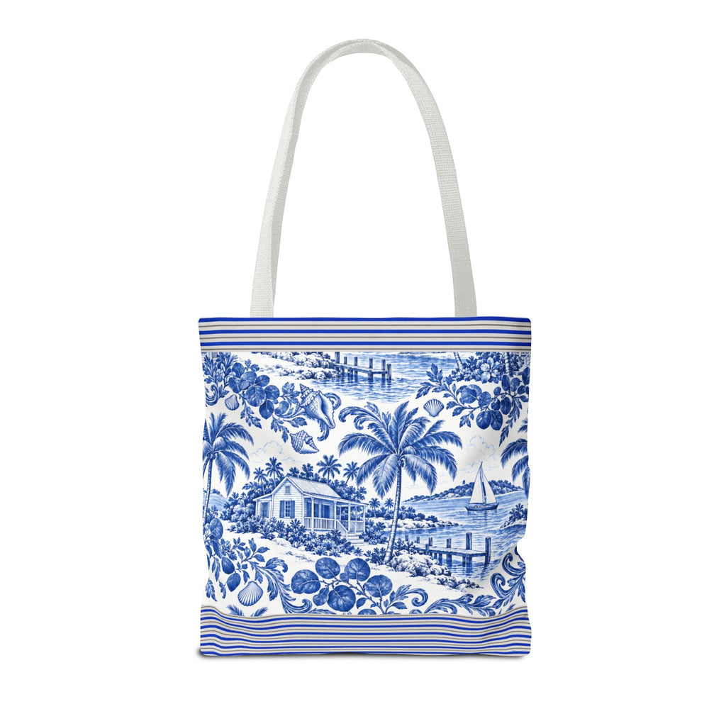 Nassau Blue Coastal Toile Tote Bag — Nautical Bahama / Palm Beach Scene All-Over Print