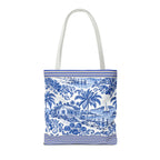 Nassau Blue Coastal Toile Tote Bag — Nautical Bahama / Palm Beach Scene All-Over Print