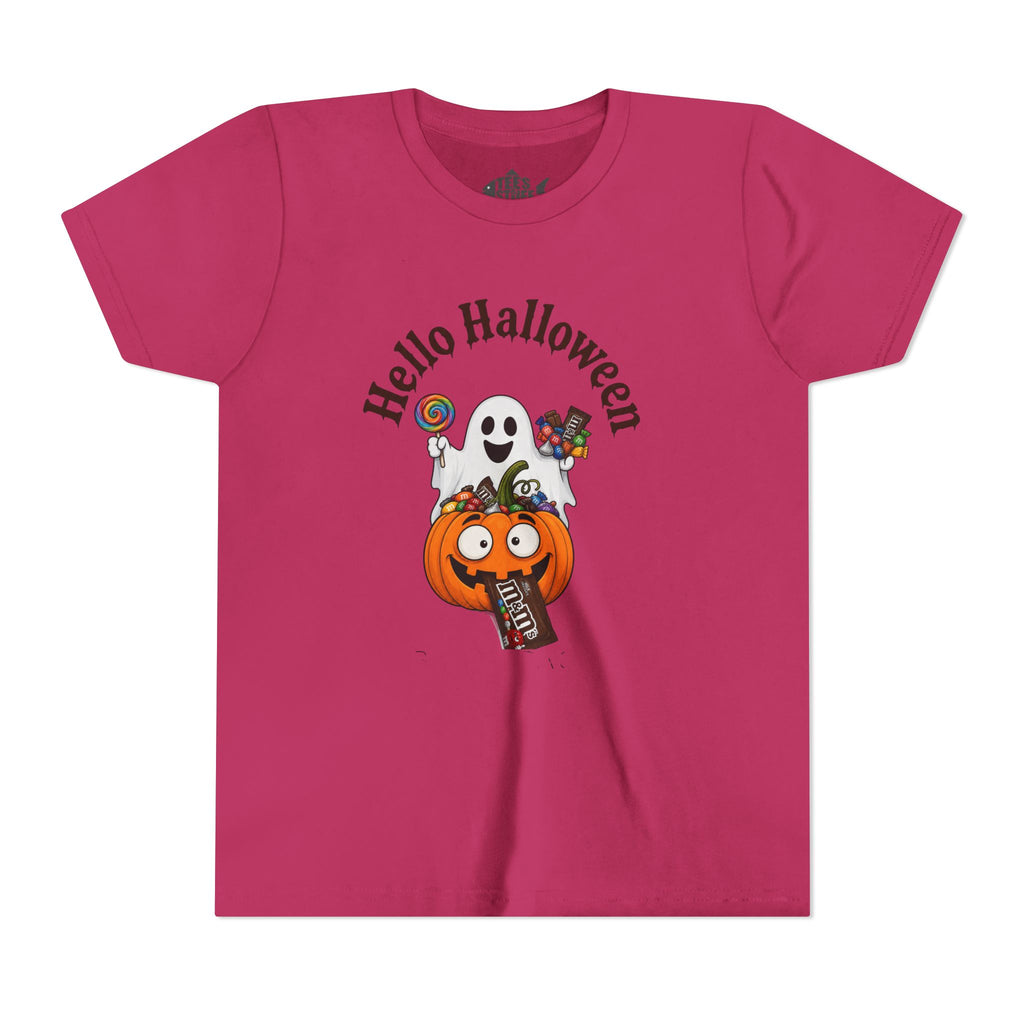 Youth Halloween Tee - "Hello Halloween" Ghost & Pumpkin Trick-or-Treat Shirt