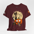 Dark Red / back, front Halloween T-shirt with a black cat orange pumpkin, full moon trick or treat candy bucket with candy and "Trick or Treat" text.