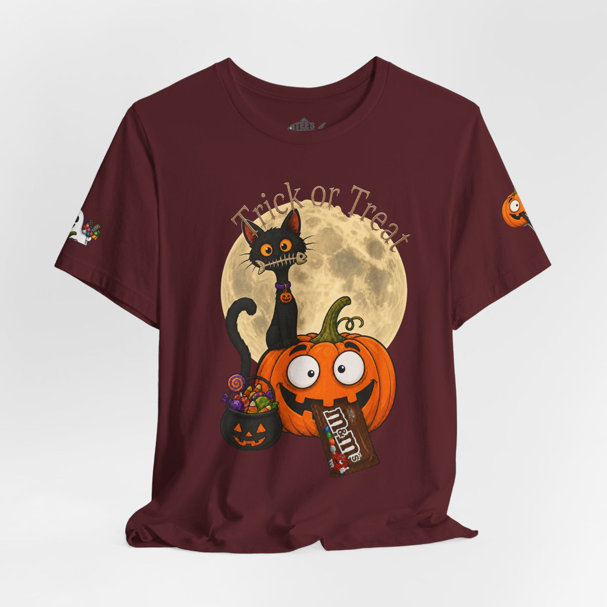 Dark Red / back, front Halloween T-shirt with a black cat orange pumpkin, full moon trick or treat candy bucket with candy and "Trick or Treat" text.