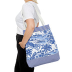 Nassau Blue Coastal Toile Tote Bag — Nautical Bahama / Palm Beach Scene All-Over Print