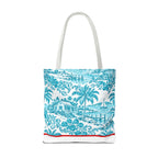 Turquoise coastal Toile Tote Bag- Palm Trees & Island Houses.
