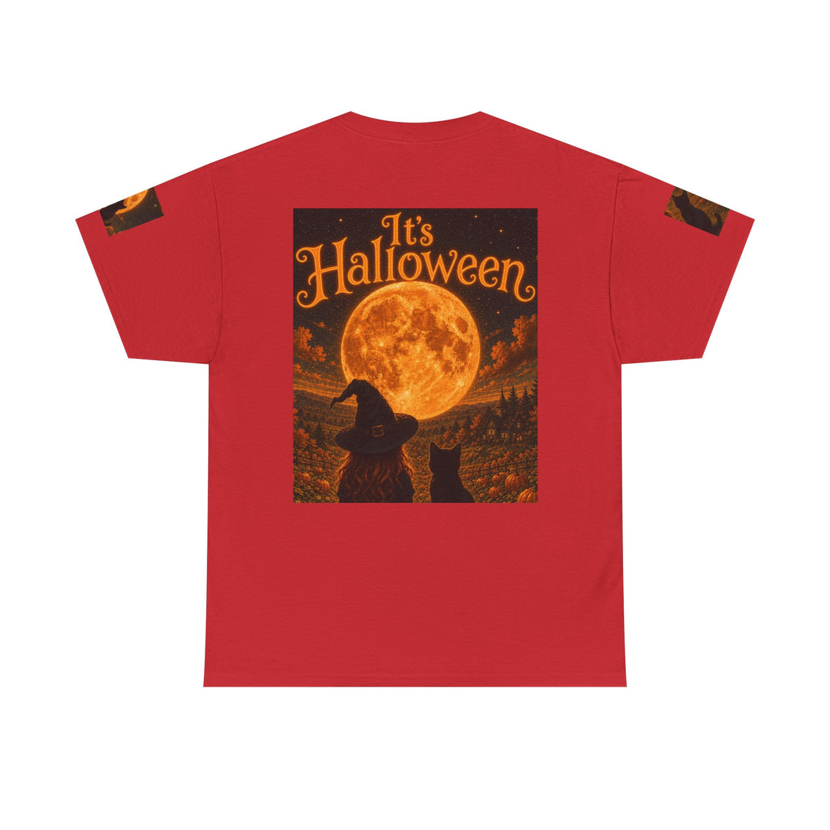 Halloween Graphic Tee — "It's Halloween" Witch & Cat Moon Design