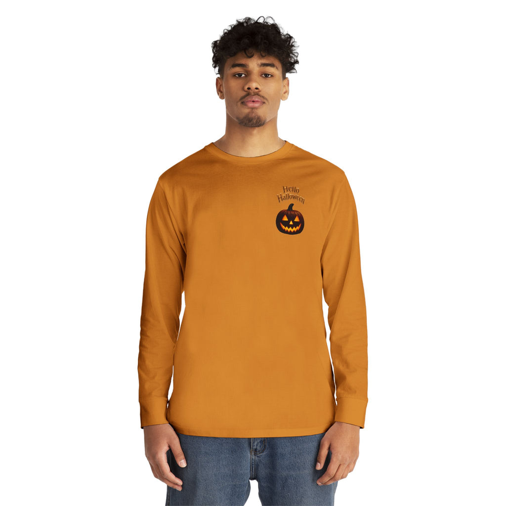 Halloween Cat Long Sleeve Tee — 'Hello Halloween' Jack-O'-Lantern Graphic