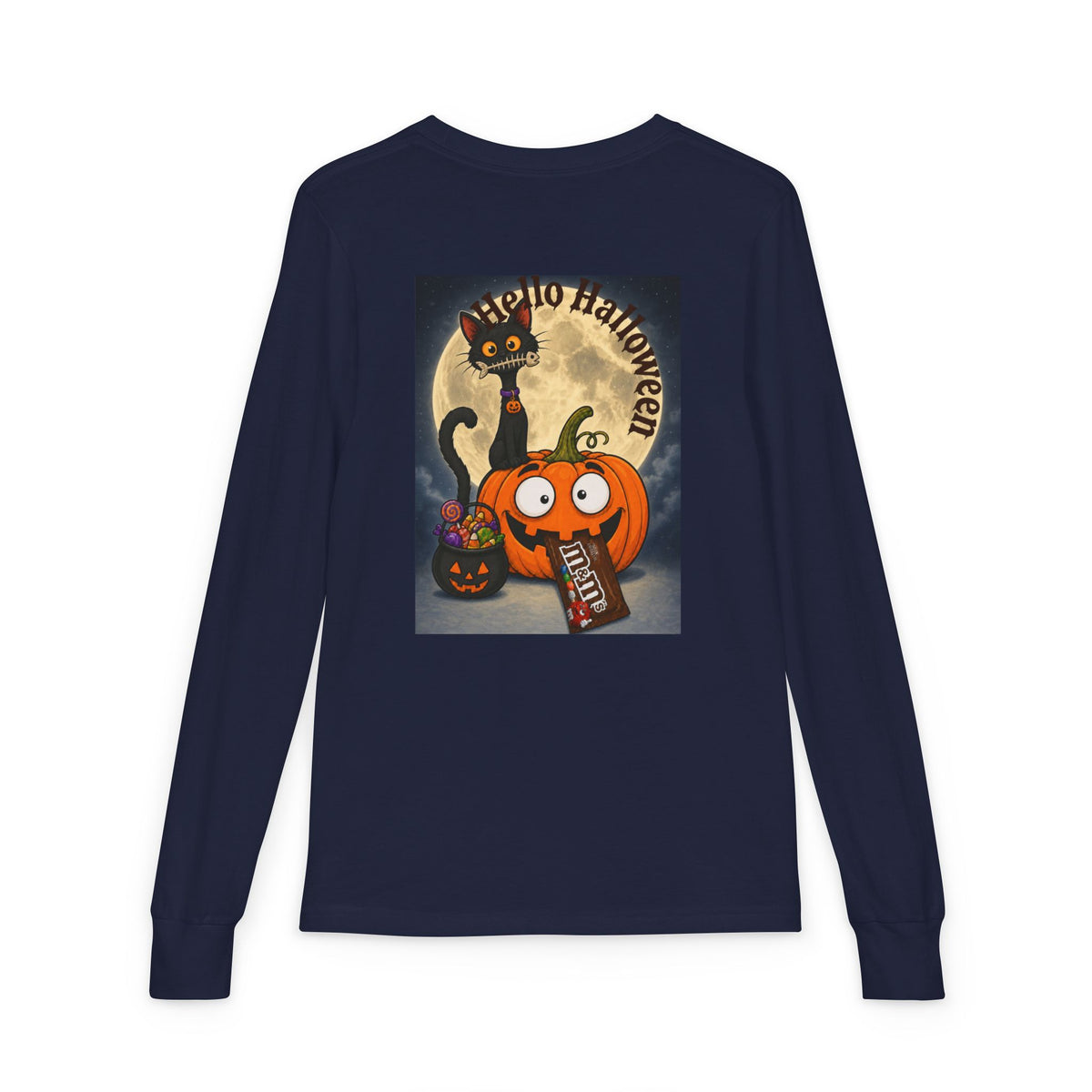 Kids' Halloween Long Sleeve Tee — 'Trick or Treat' Black Cat & Pumpkin Design