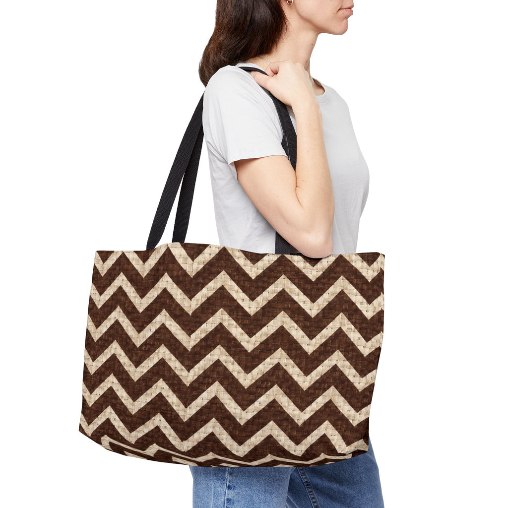 Chevron Weekender Tote Bag — Brown Rustic Zigzag Travel Tote
