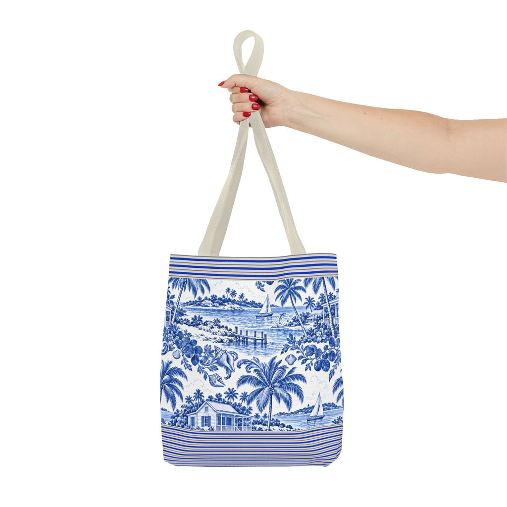 Nassau Blue Coastal Toile Tote Bag — Nautical Bahama / Palm Beach Scene All-Over Print