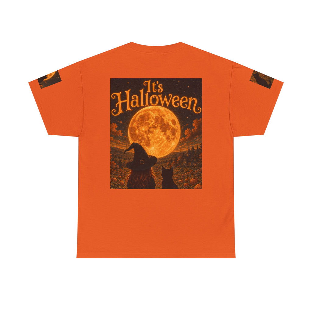Halloween Graphic Tee — "It's Halloween" Witch & Cat Moon Design