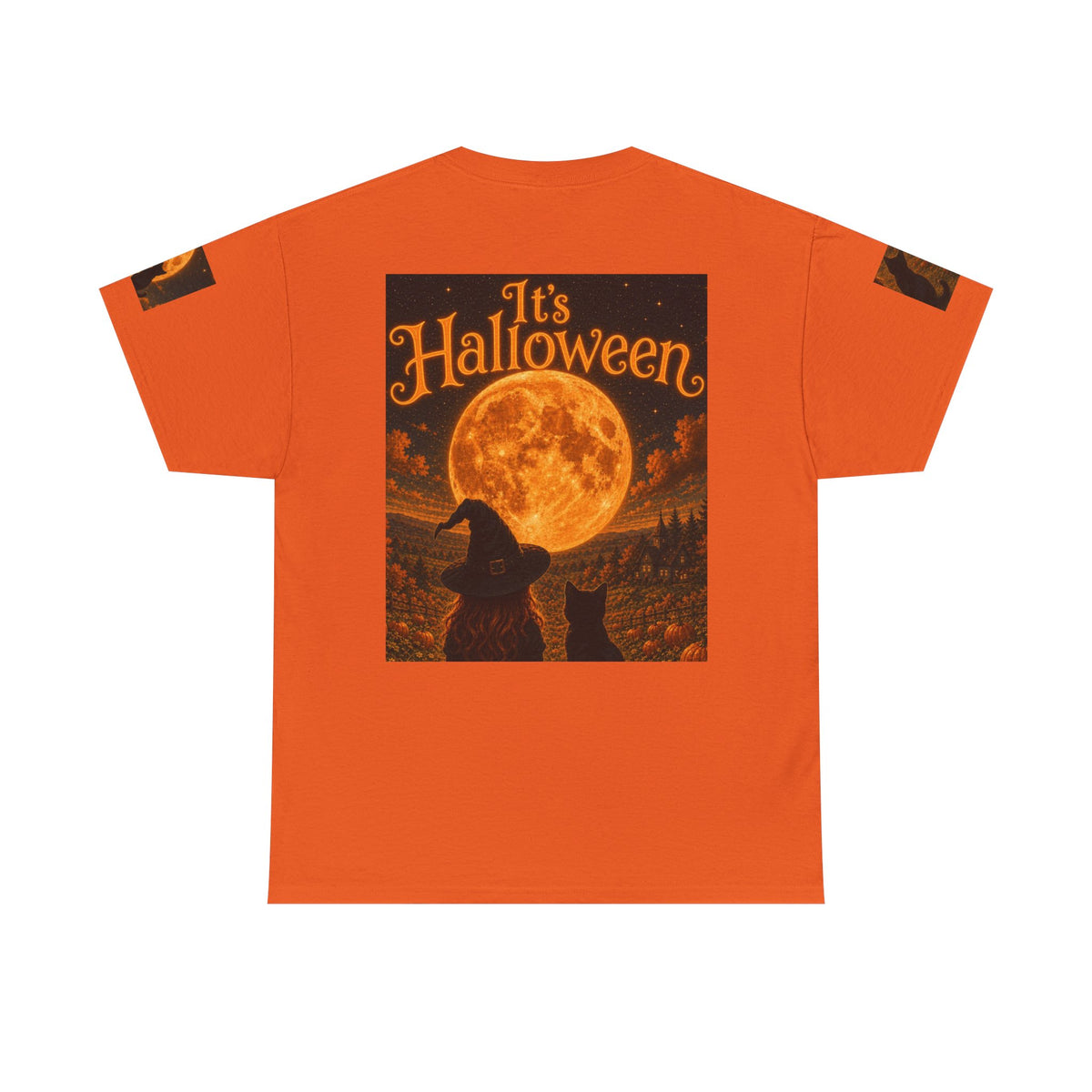Halloween Graphic Tee — "It's Halloween" Witch & Cat Moon Design