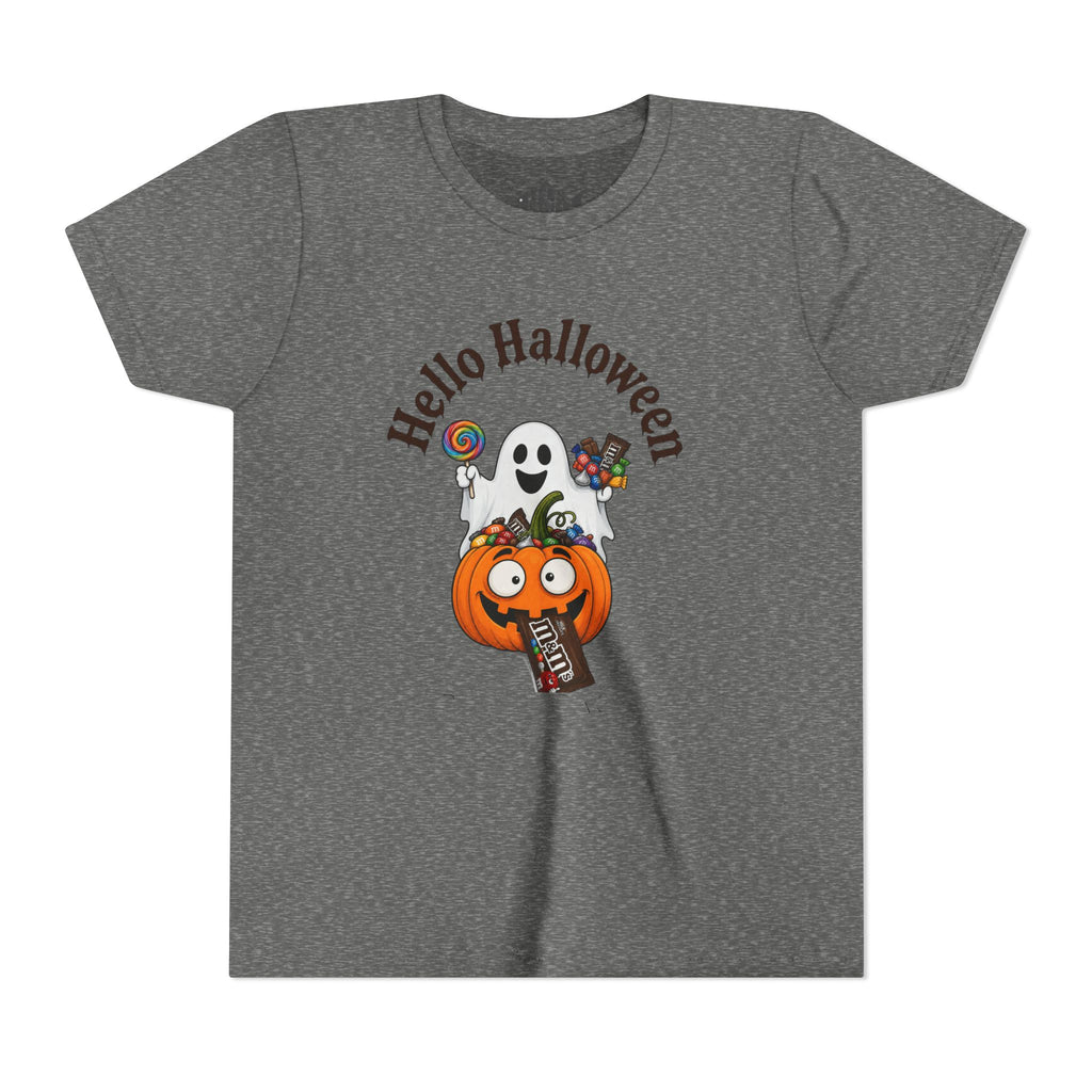 Youth Halloween Tee - "Hello Halloween" Ghost & Pumpkin Trick-or-Treat Shirt