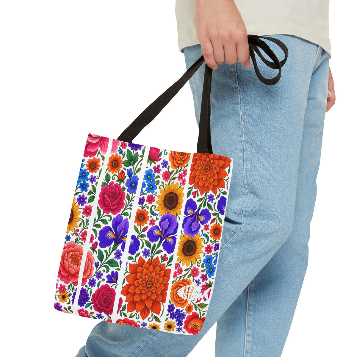 Floral Stripe Tote Bag — Bright Mexican Folk Art Flowers AOP