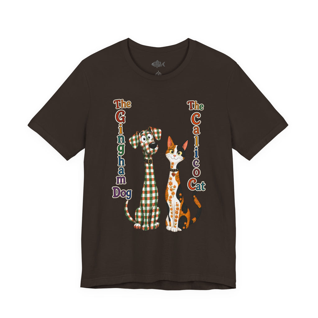 Gingham Dog & Calico Cat Tee — Plaid Pet Illustration T-Shirt