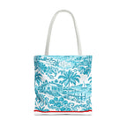 Turquoise coastal Toile Tote Bag- Palm Trees & Island Houses.