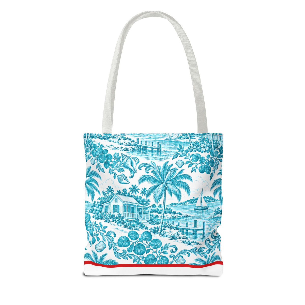 Turquoise coastal Toile Tote Bag- Palm Trees & Island Houses.