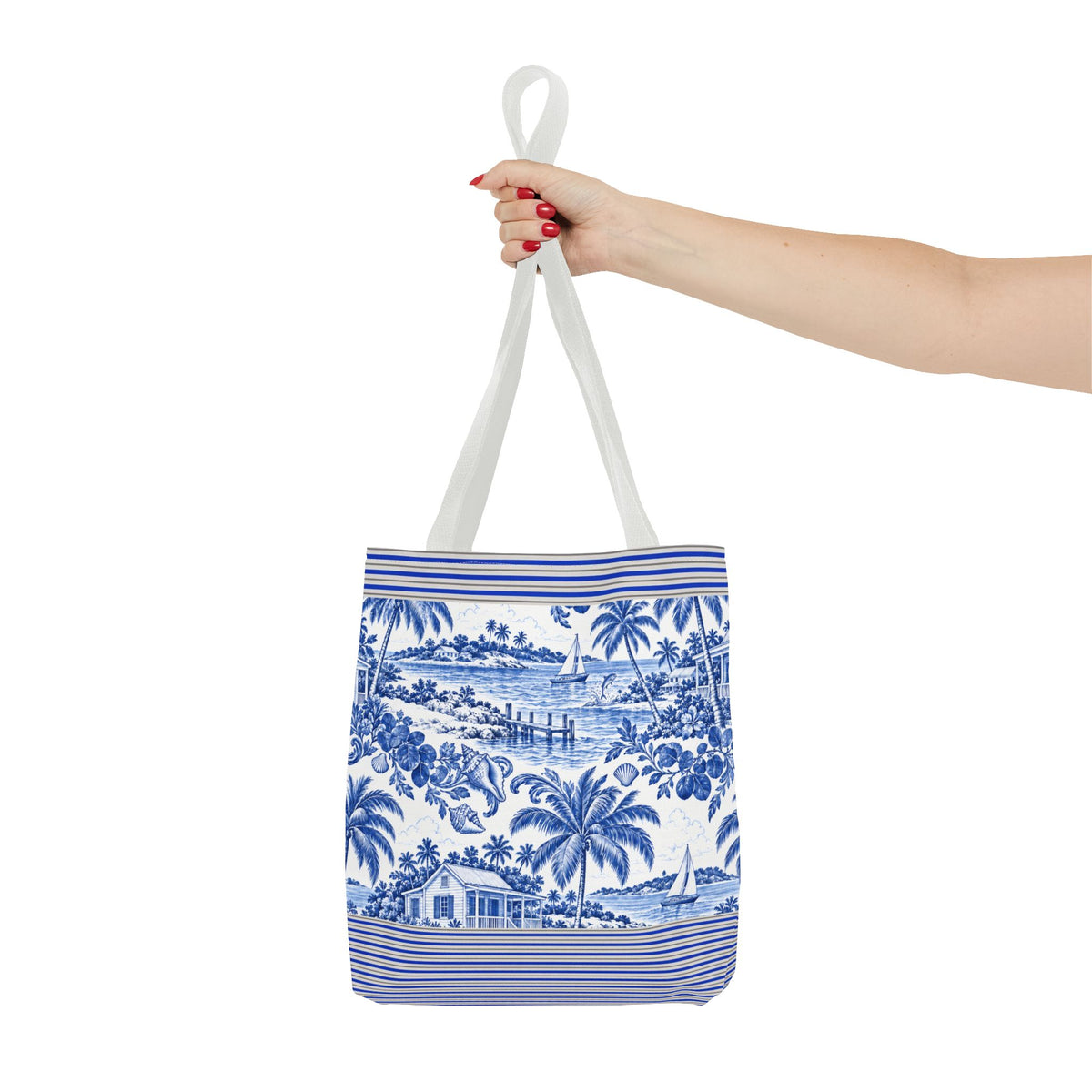 Nassau Blue Coastal Toile Tote Bag — Nautical Bahama / Palm Beach Scene All-Over Print
