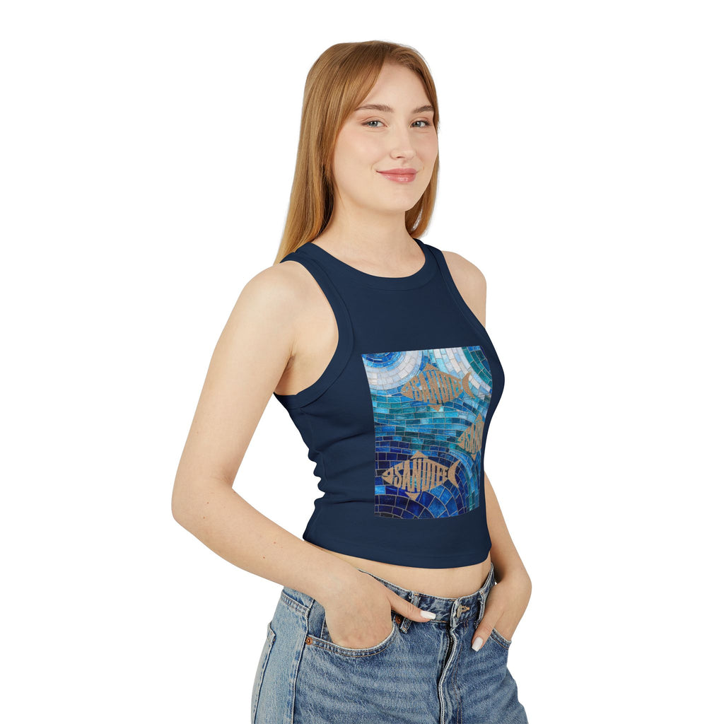 Ocean Mosaic Fish Racer Tank Top — Beachy Blue Graphic Crop Tank