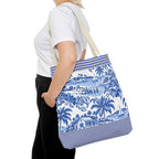 Nassau Blue Coastal Toile Tote Bag — Nautical Bahama / Palm Beach Scene All-Over Print