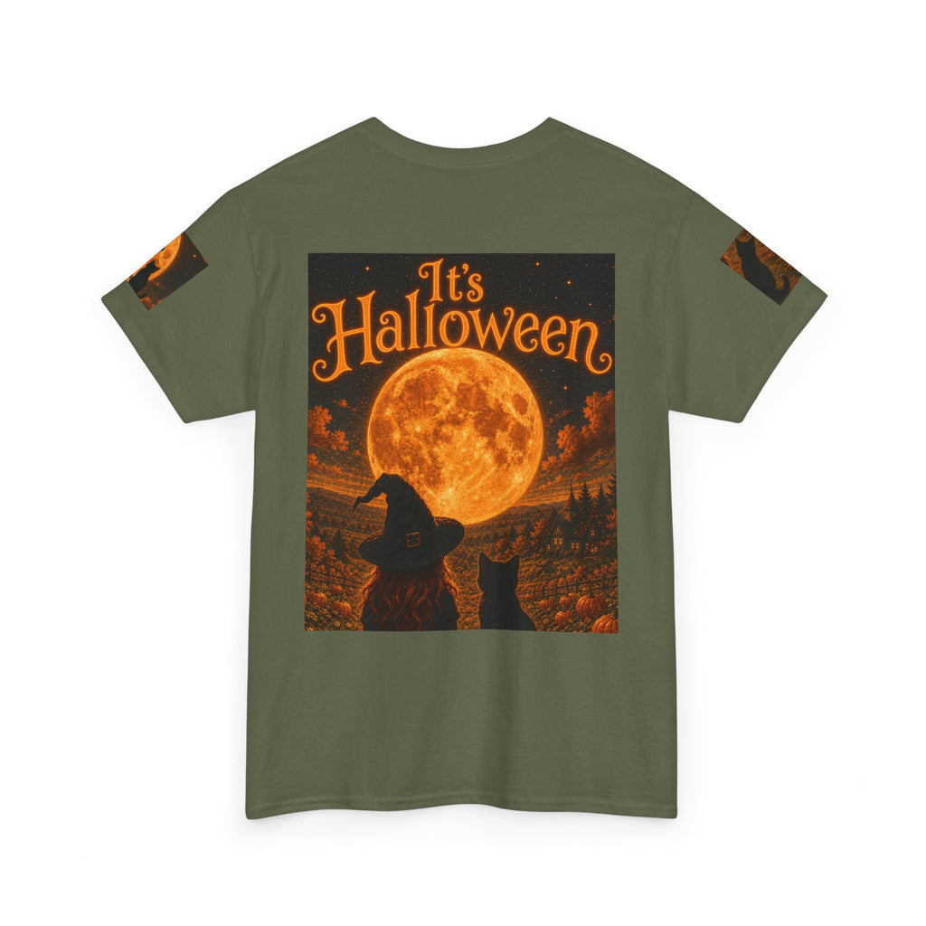 Halloween Graphic Tee — "It's Halloween" Witch & Cat Moon Design
