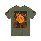 Halloween Graphic Tee — "It's Halloween" Witch & Cat Moon Design