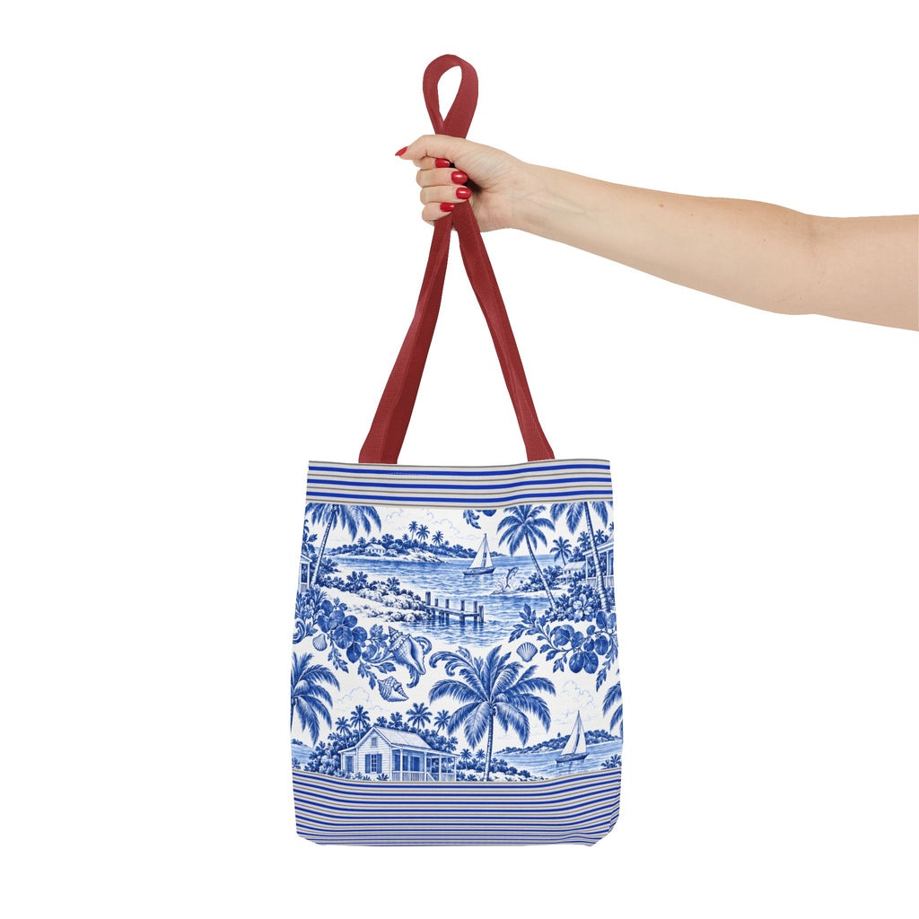 Nassau Blue Coastal Toile Tote Bag — Nautical Bahama / Palm Beach Scene All-Over Print