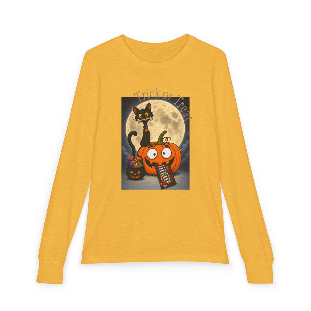 Kids' Halloween Long Sleeve Tee — 'Trick or Treat' Black Cat & Pumpkin Design