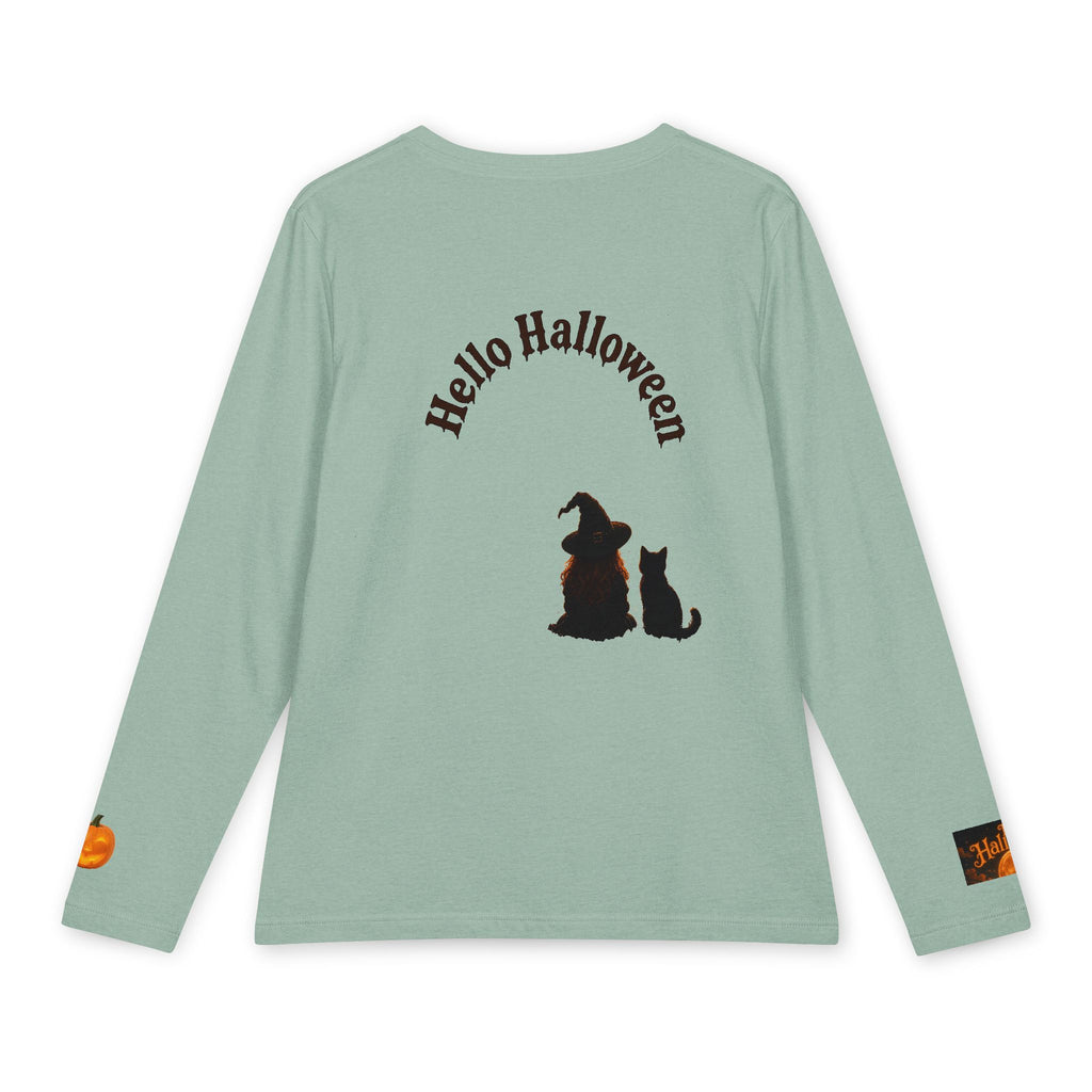 Women’s Halloween Long Sleeve Tee – “It’s Halloween” and “Hello Halloween” Witchy Moon Design