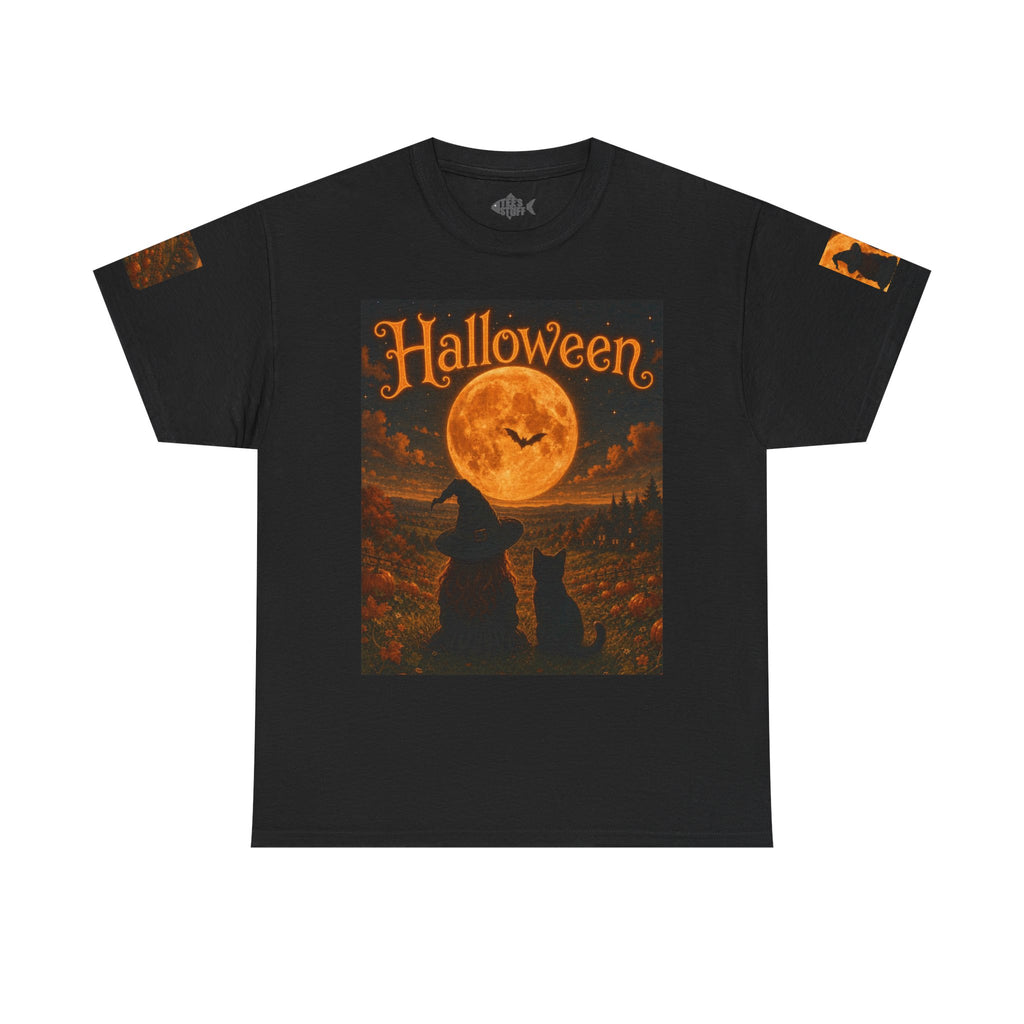 Halloween Graphic Tee — "It's Halloween" Witch & Cat Moon Design