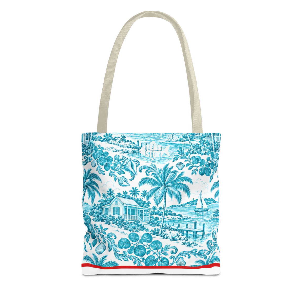 Turquoise coastal Toile Tote Bag- Palm Trees & Island Houses.