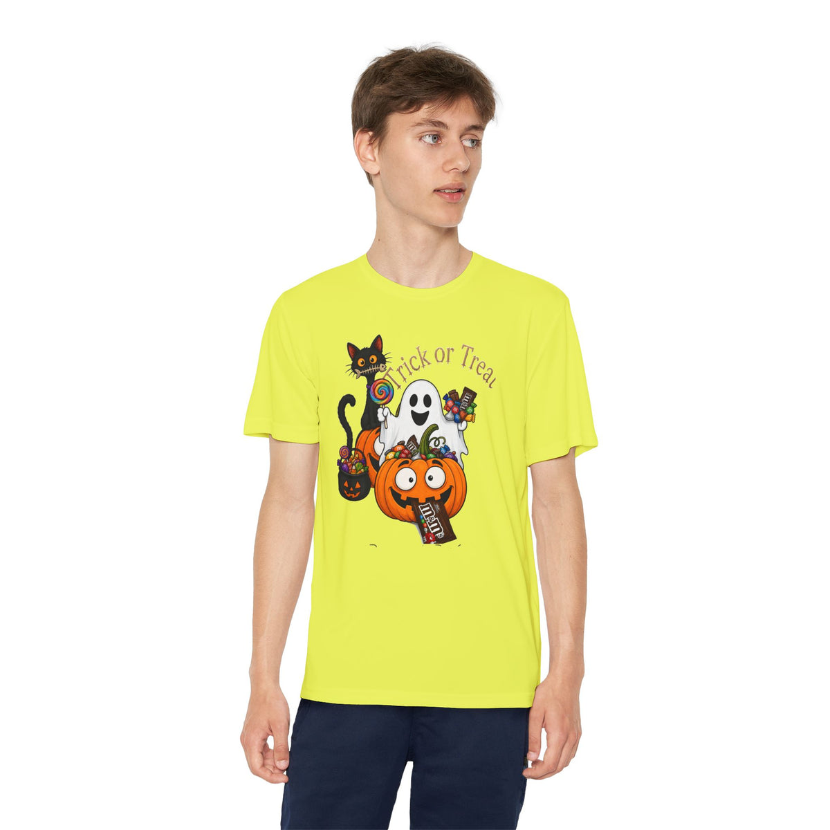 Kids Halloween Trick or Treat T-Shirt — Cute Pumpkin, Ghost & Black Cat Design