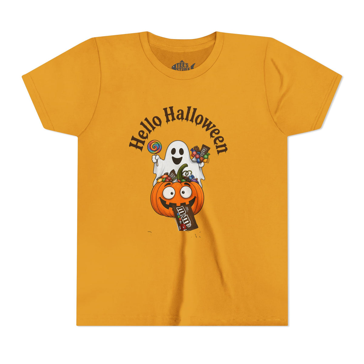 Youth Halloween Tee - "Hello Halloween" Ghost & Pumpkin Trick-or-Treat Shirt
