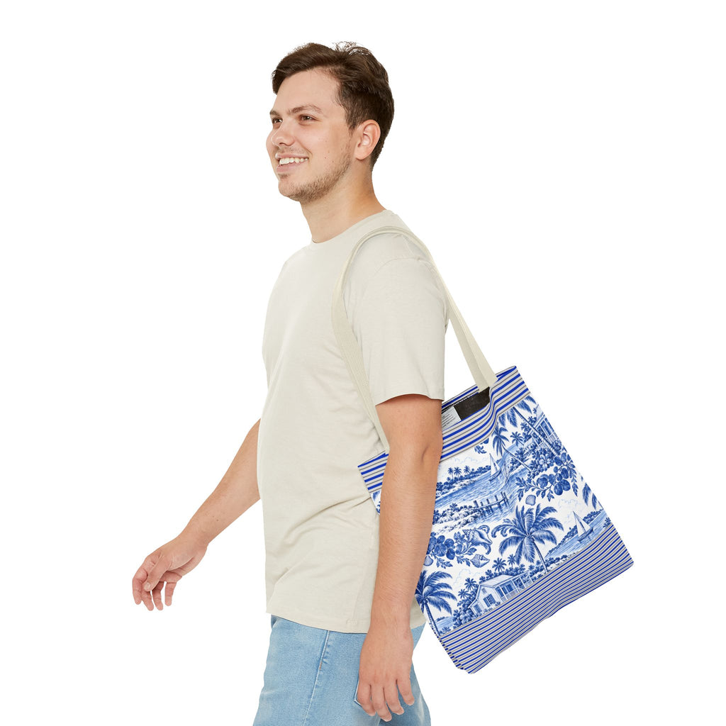 Nassau Blue Coastal Toile Tote Bag — Nautical Bahama / Palm Beach Scene All-Over Print