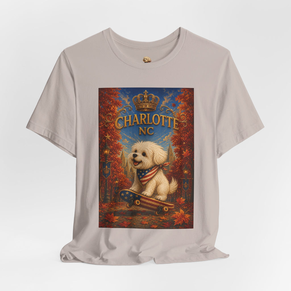 Charlotte NC Dog Tee — Cute Pup on Skateboard Patriotic T‑Shirt