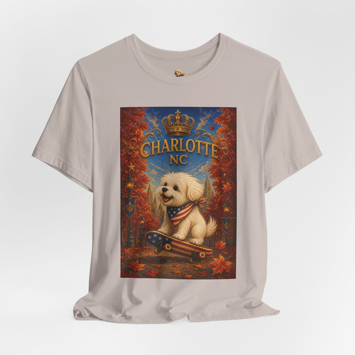 Charlotte NC Dog Tee — Cute Pup on Skateboard Patriotic T‑Shirt