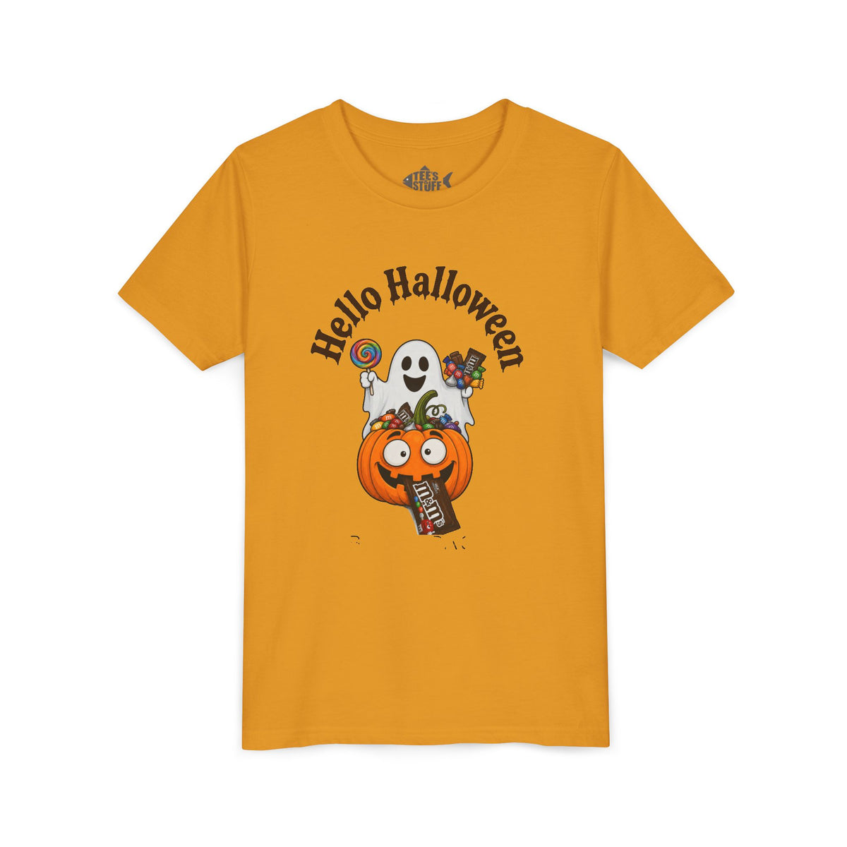 Youth Halloween Tee - "Hello Halloween" Ghost & Pumpkin Trick-or-Treat Shirt