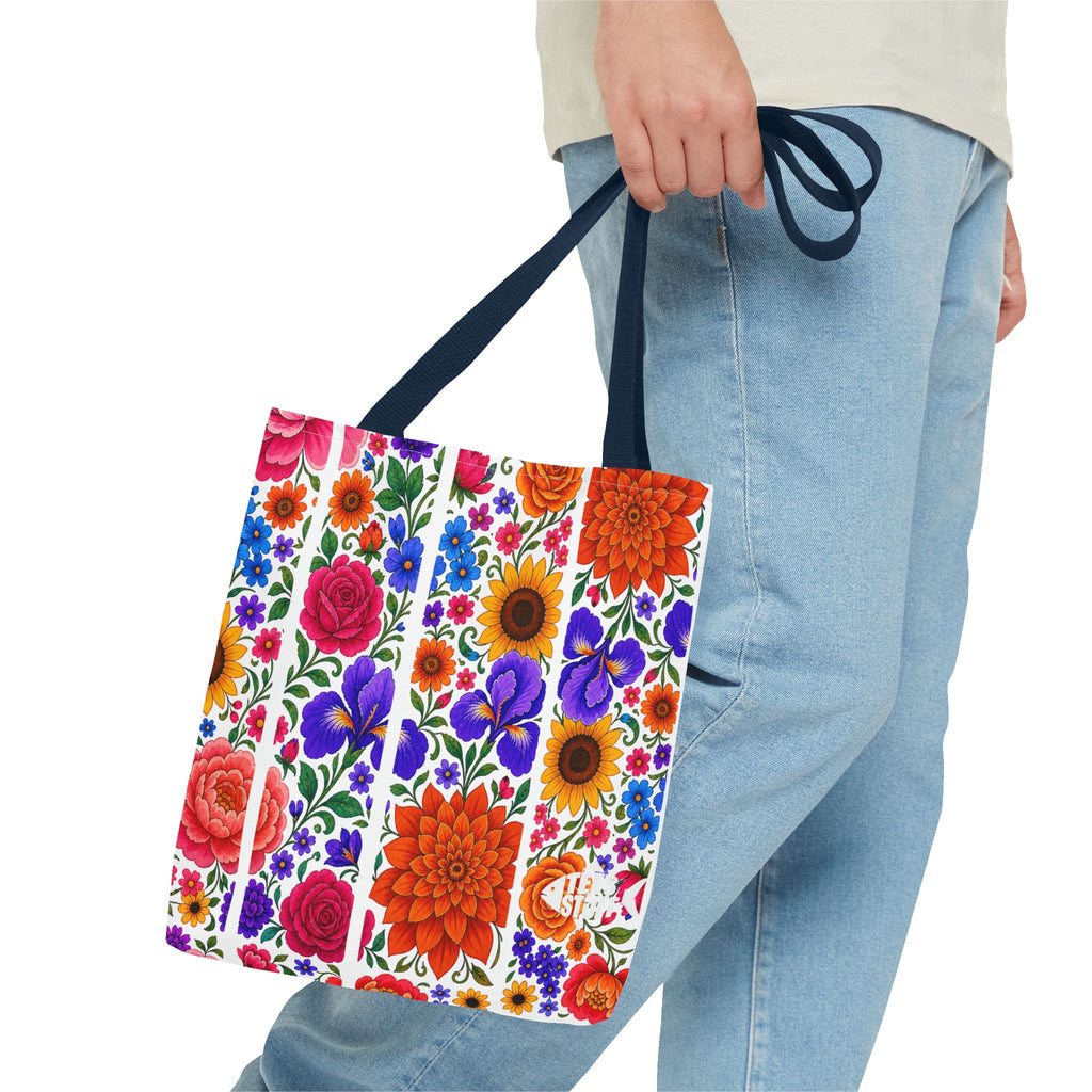 Floral Stripe Tote Bag — Bright Mexican Folk Art Flowers AOP