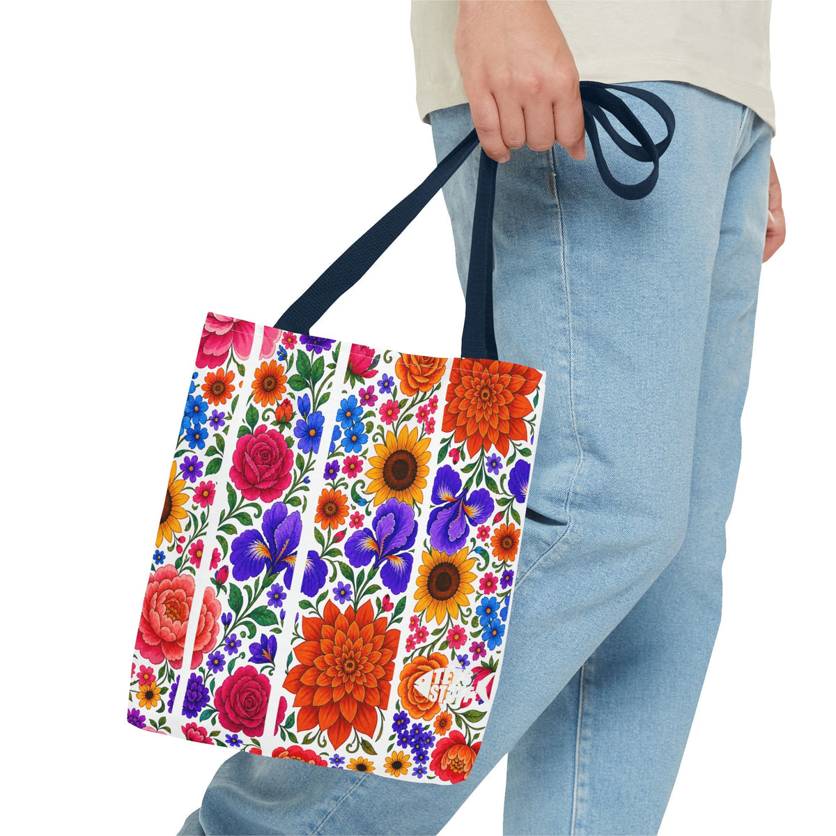 Floral Stripe Tote Bag — Bright Mexican Folk Art Flowers AOP