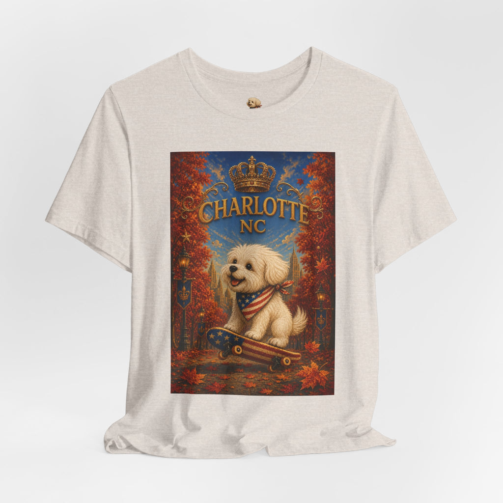 Charlotte NC Dog Tee — Cute Pup on Skateboard Patriotic T‑Shirt