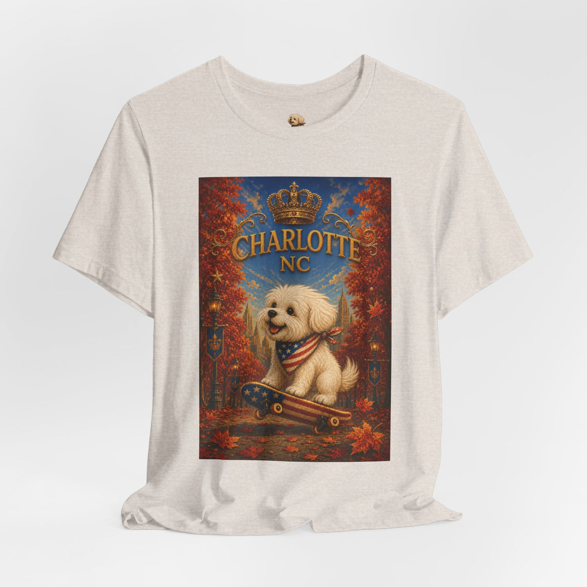 Charlotte NC Dog Tee — Cute Pup on Skateboard Patriotic T‑Shirt