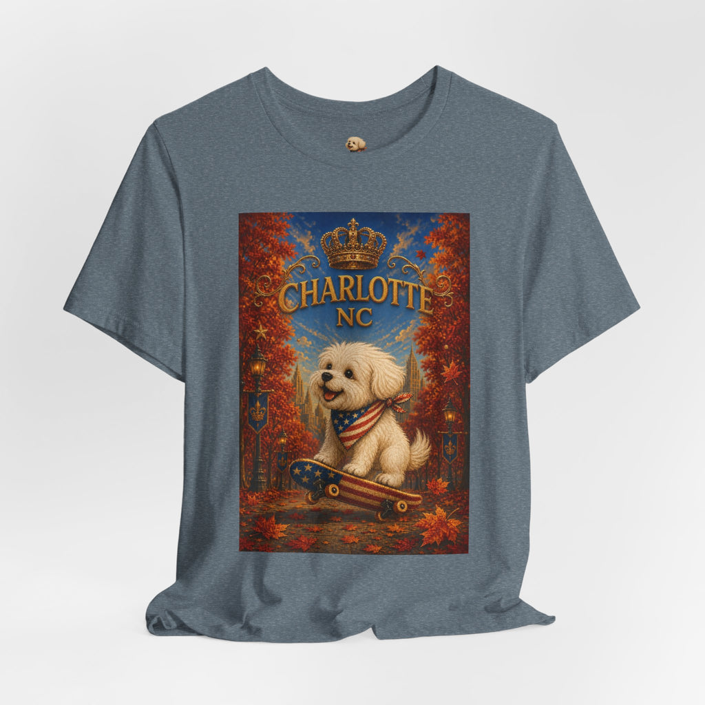Charlotte NC Dog Tee — Cute Pup on Skateboard Patriotic T‑Shirt