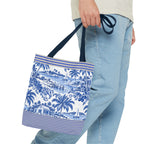 Nassau Blue Coastal Toile Tote Bag — Nautical Bahama / Palm Beach Scene All-Over Print