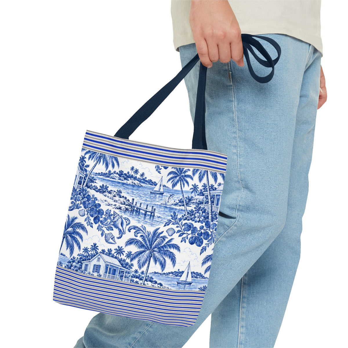 Nassau Blue Coastal Toile Tote Bag — Nautical Bahama / Palm Beach Scene All-Over Print