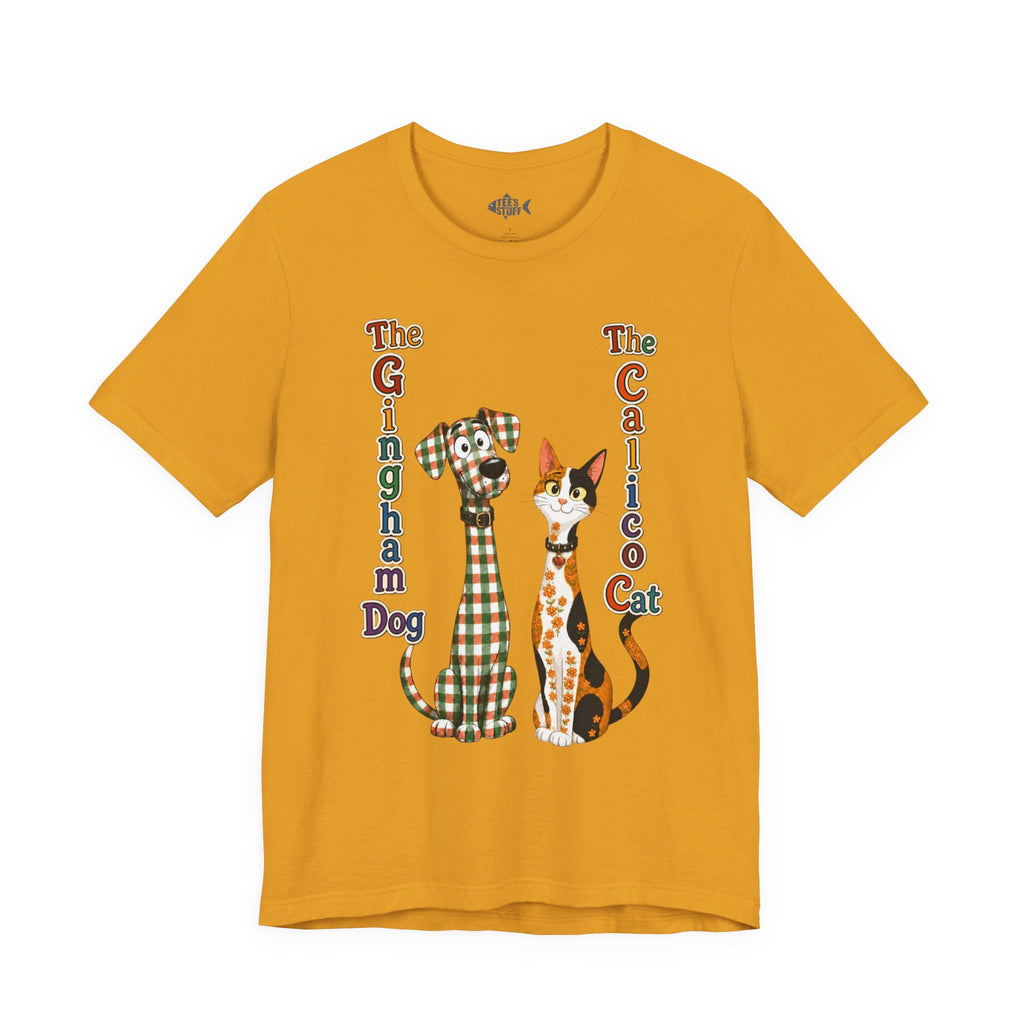 Gingham Dog & Calico Cat Tee — Plaid Pet Illustration T-Shirt