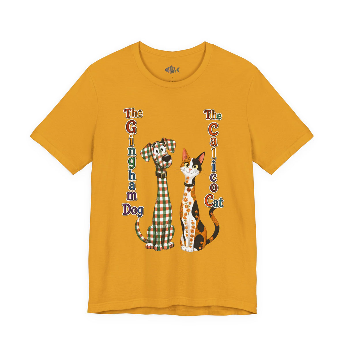 Gingham Dog & Calico Cat Tee — Plaid Pet Illustration T-Shirt